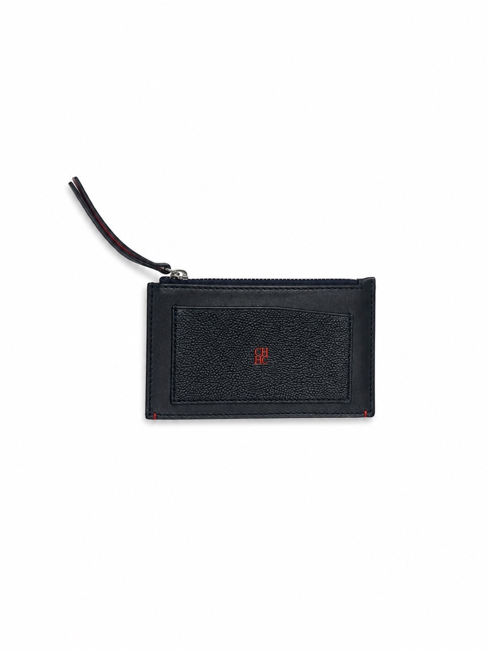 Carolina Herrera Black Leather Zip Card Holder with Red Accents